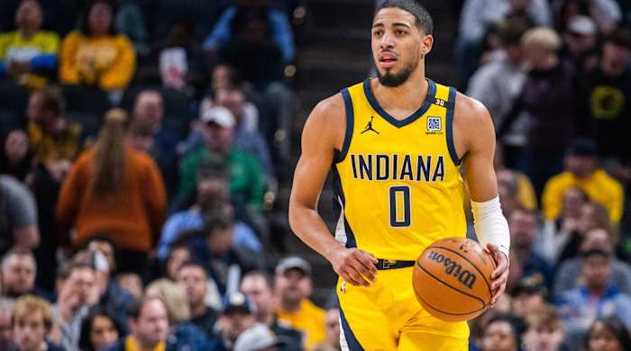 Jan 5, 2024; Indianapolis, Indiana, USA; Indiana Pacers guard Tyrese Haliburton (0) dribbles the ball in the first quarter against the Atlanta Hawks at Gainbridge Fieldhouse. Mandatory Credit: Trevor Ruszkowski-USA TODAY Sports